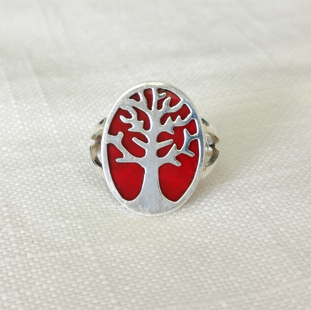 Sterling silver red sponge coral Tree of Life ring size 6